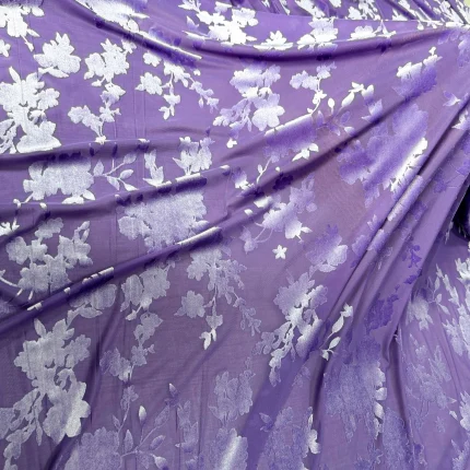 White Floral Sprigs on Lavender Stretch Burnout Velvet Fabric