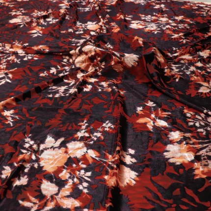 Peach Floral on Burgundy and Black Stretch Burnout Velvet Fabric