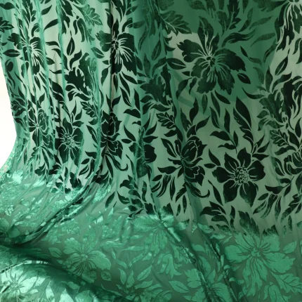 Dark Green Floral on Mint Stretch Burnout Velvet Fabric